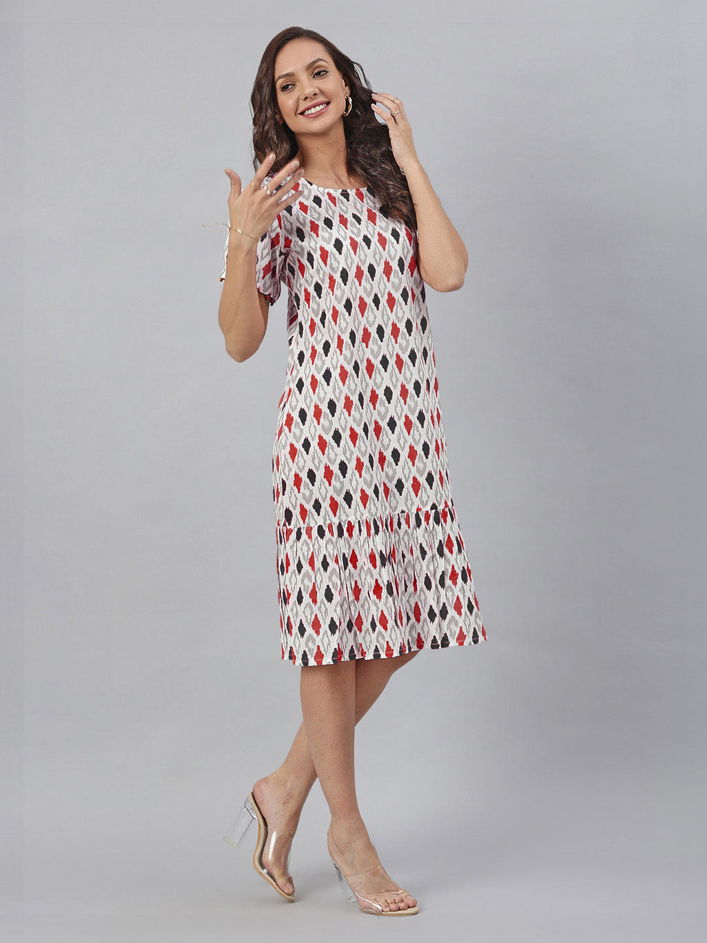 Janasya Bright Cotton Ikkat A-Line Dress