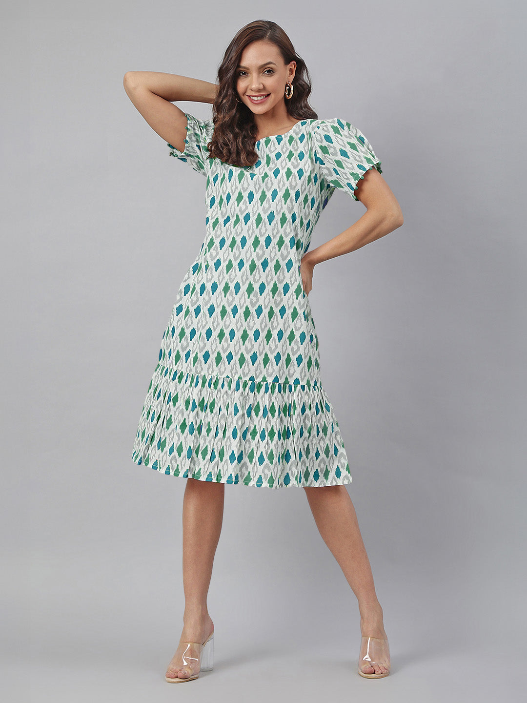 Janasya Bright Cotton Ikkat A-Line Dress
