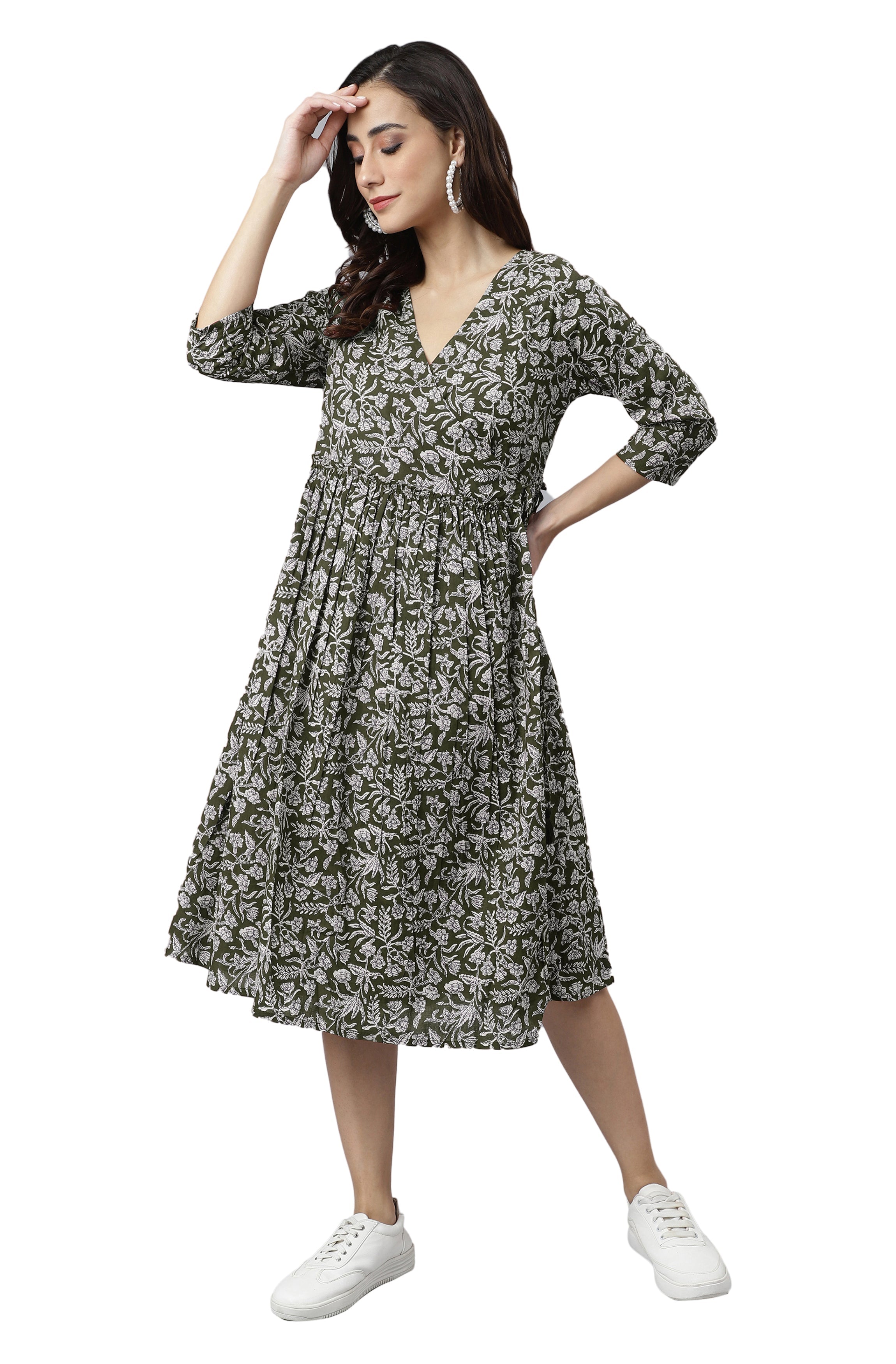 Janasya Dark Cotton Floral Angrakha Dress