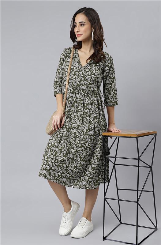 Janasya Dark Cotton Floral Angrakha Dress