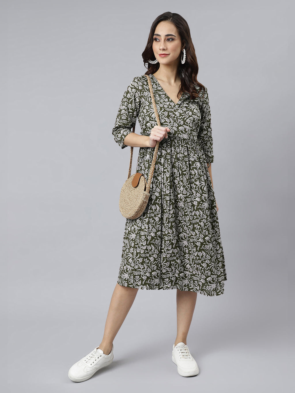 Janasya Dark Cotton Floral Angrakha Dress