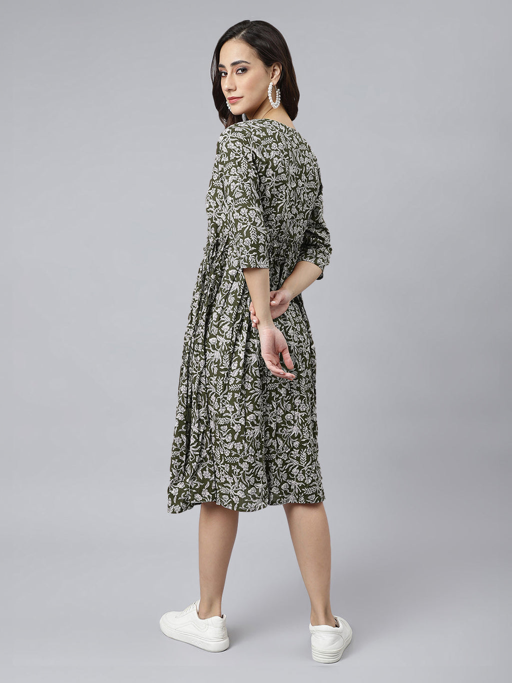 Janasya Dark Cotton Floral Angrakha Dress