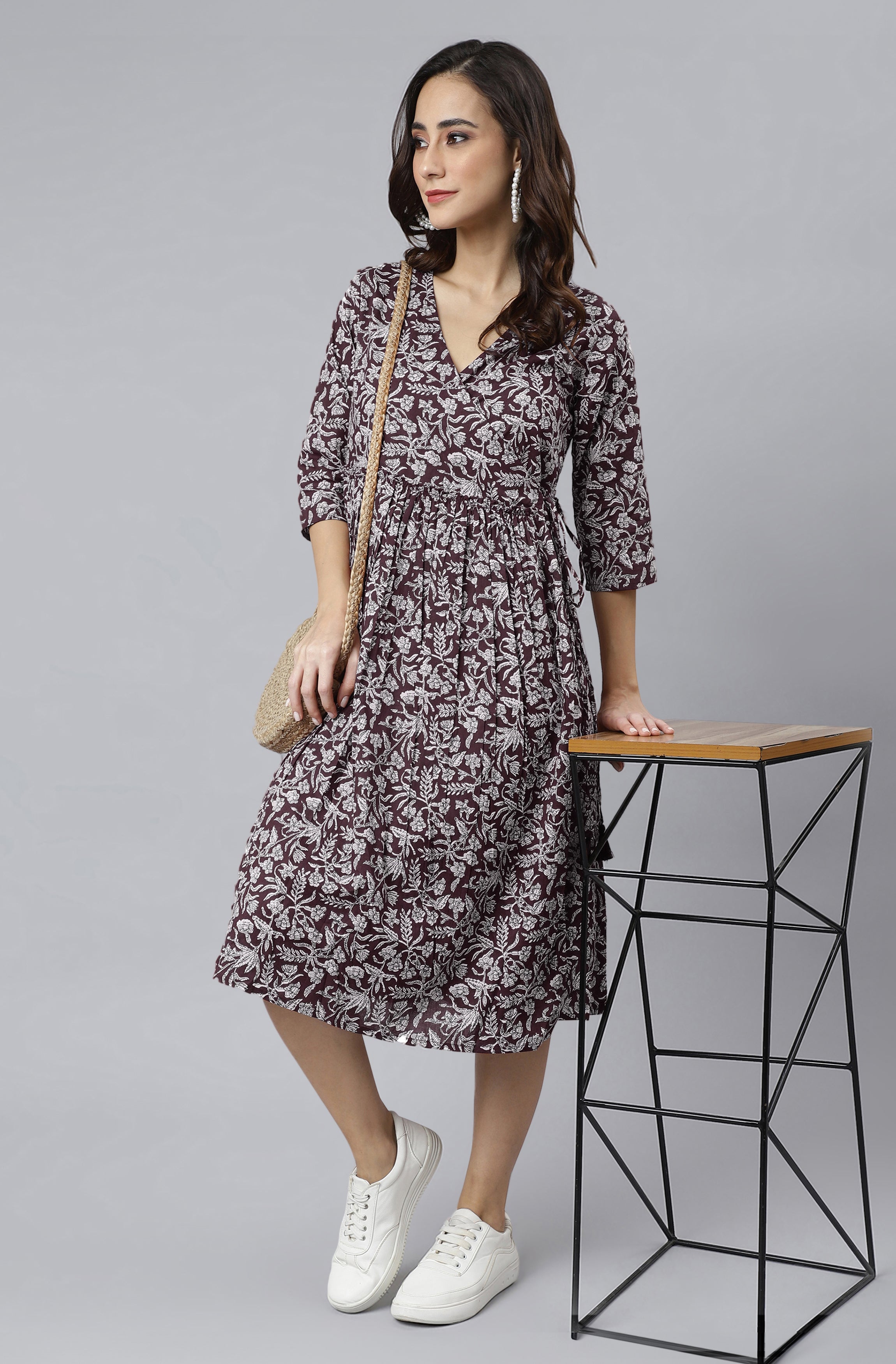 Janasya Dark Cotton Floral Angrakha Dress