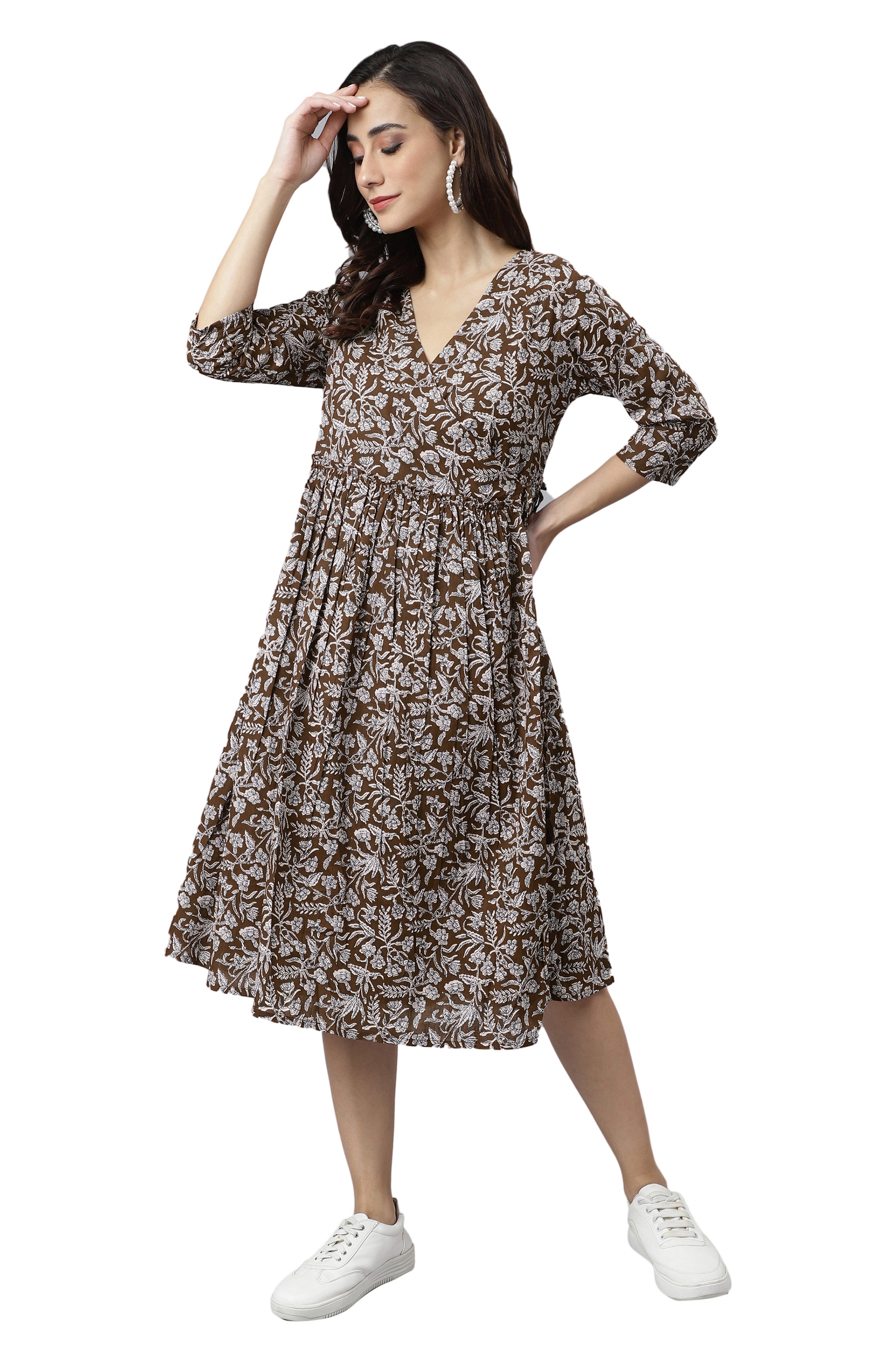 Janasya Dark Cotton Floral Angrakha Dress