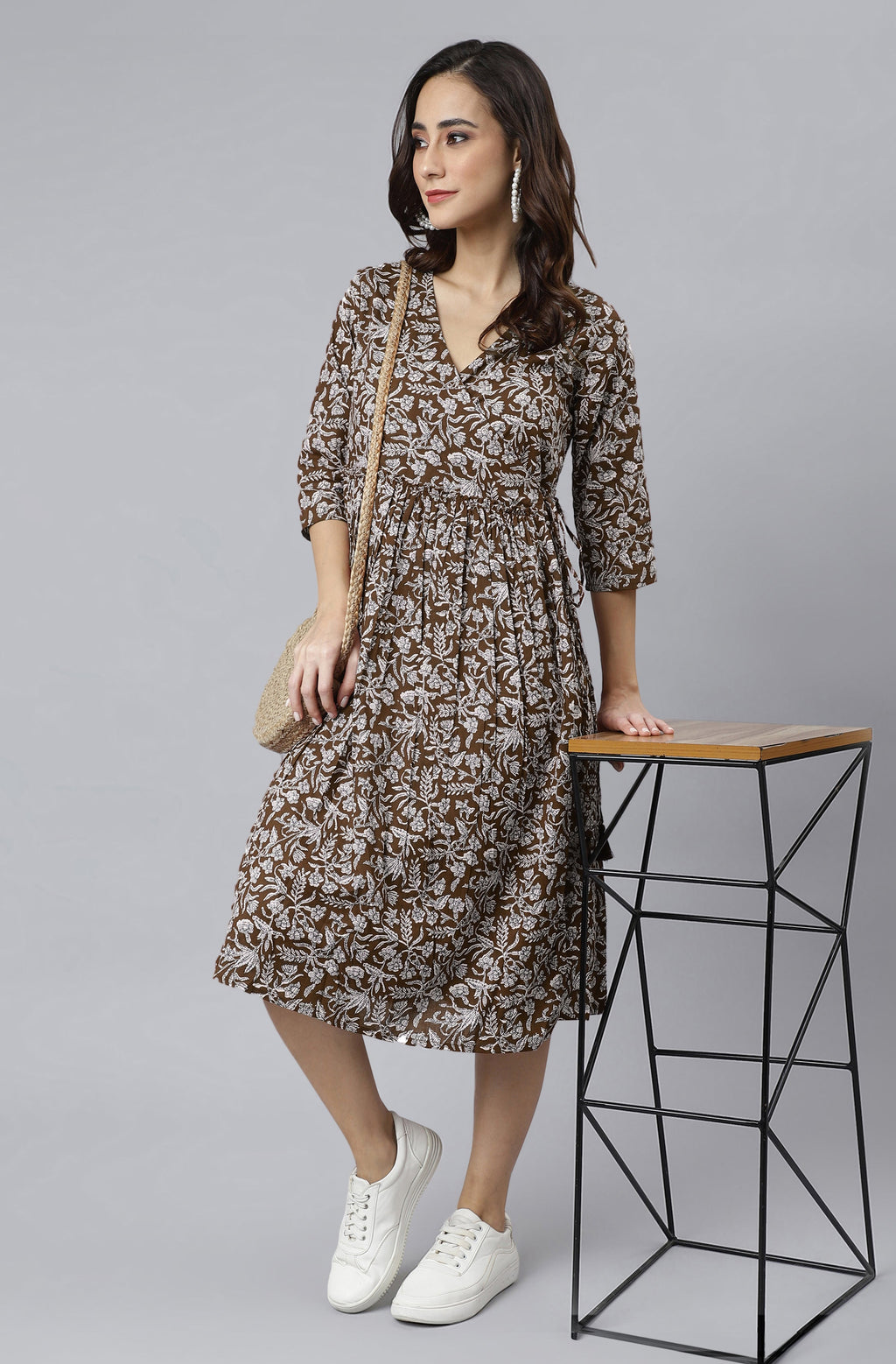 Janasya Dark Cotton Floral Angrakha Dress