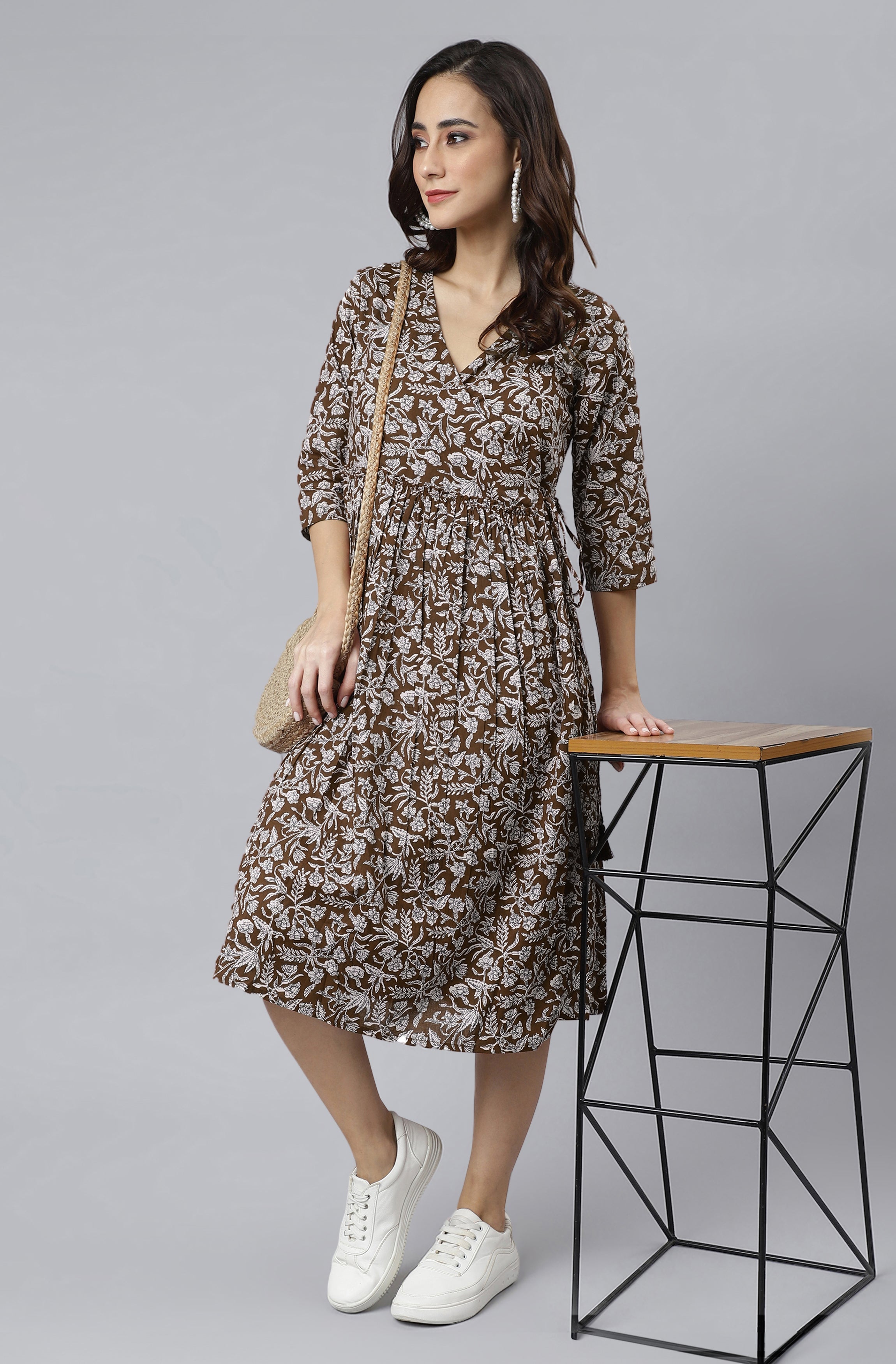 Janasya Dark Cotton Floral Angrakha Dress