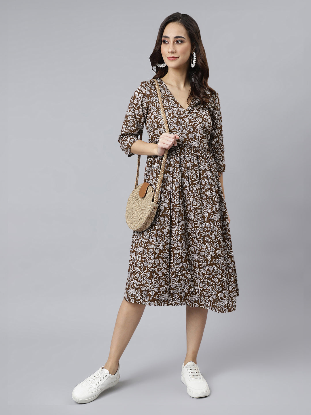 Janasya Dark Cotton Floral Angrakha Dress