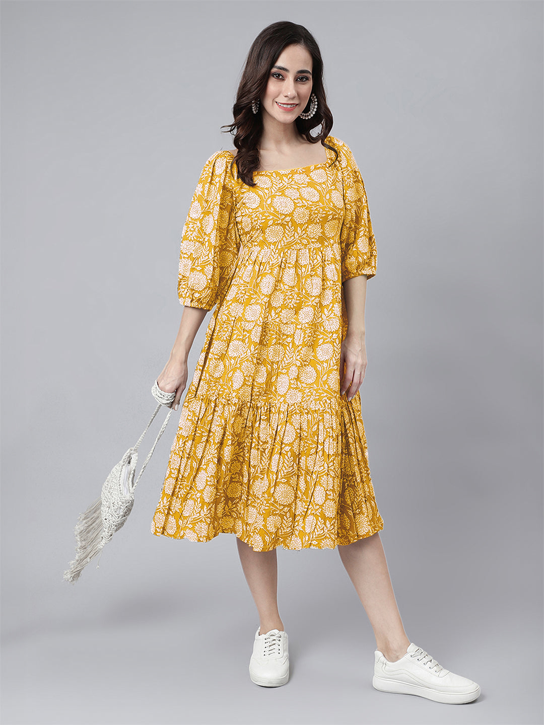 Janasya Bright Cotton Floral Tiered Dress