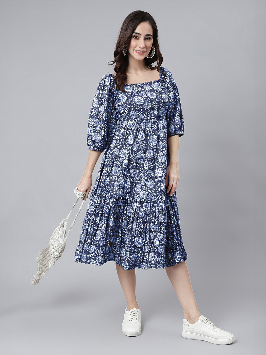 Janasya Bright Cotton Floral Tiered Dress