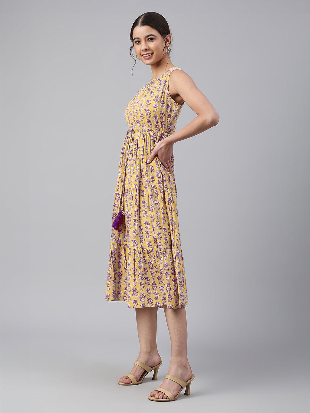 Janasya Bright Cotton Floral Tiered Dress