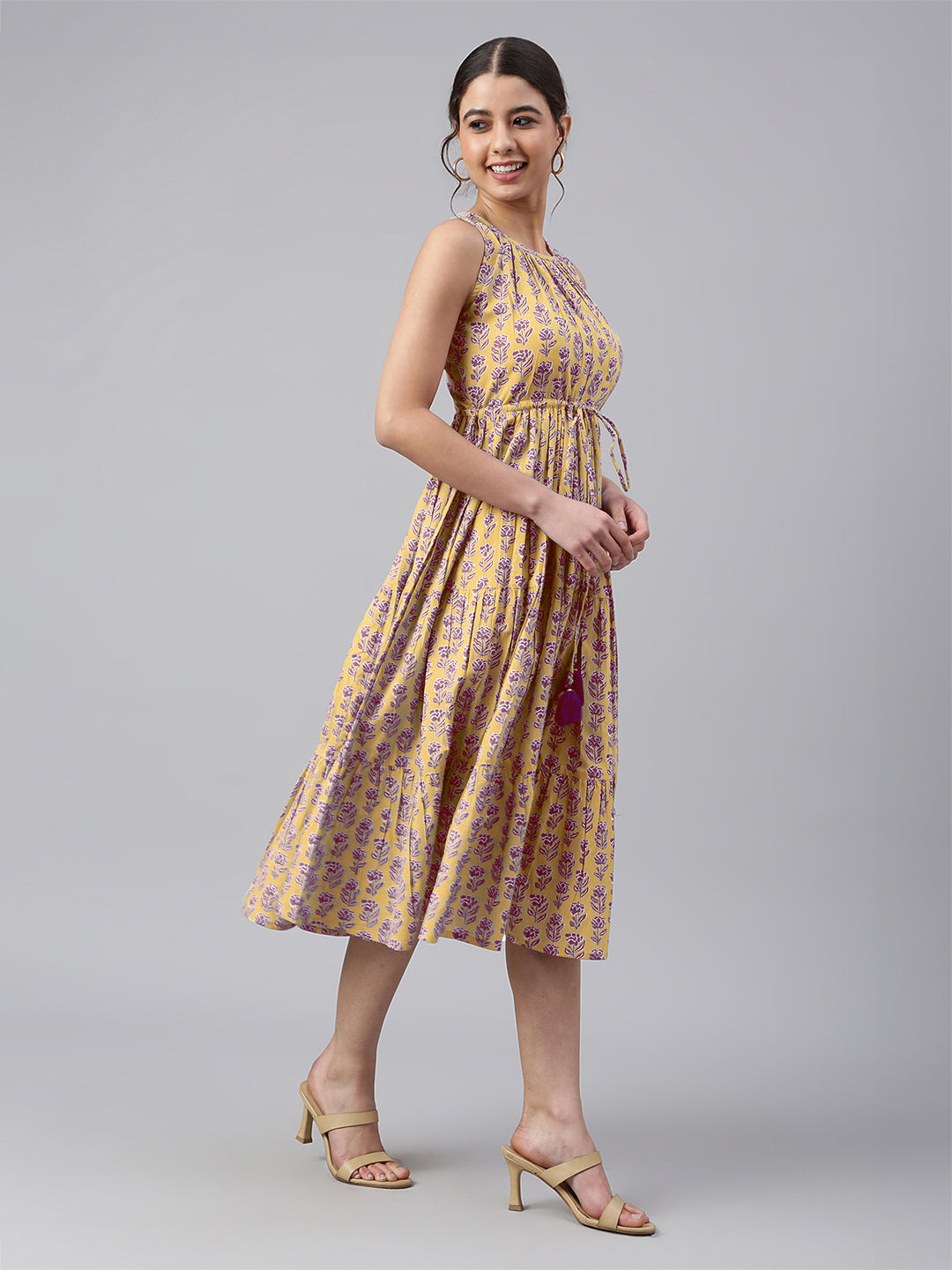 Janasya Bright Cotton Floral Tiered Dress