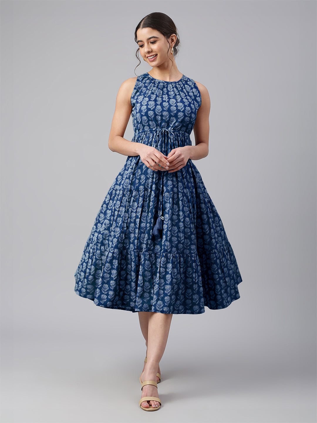 Janasya Bright Cotton Floral Tiered Dress