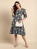 Janasya Dark Cotton Floral A-Line Dress