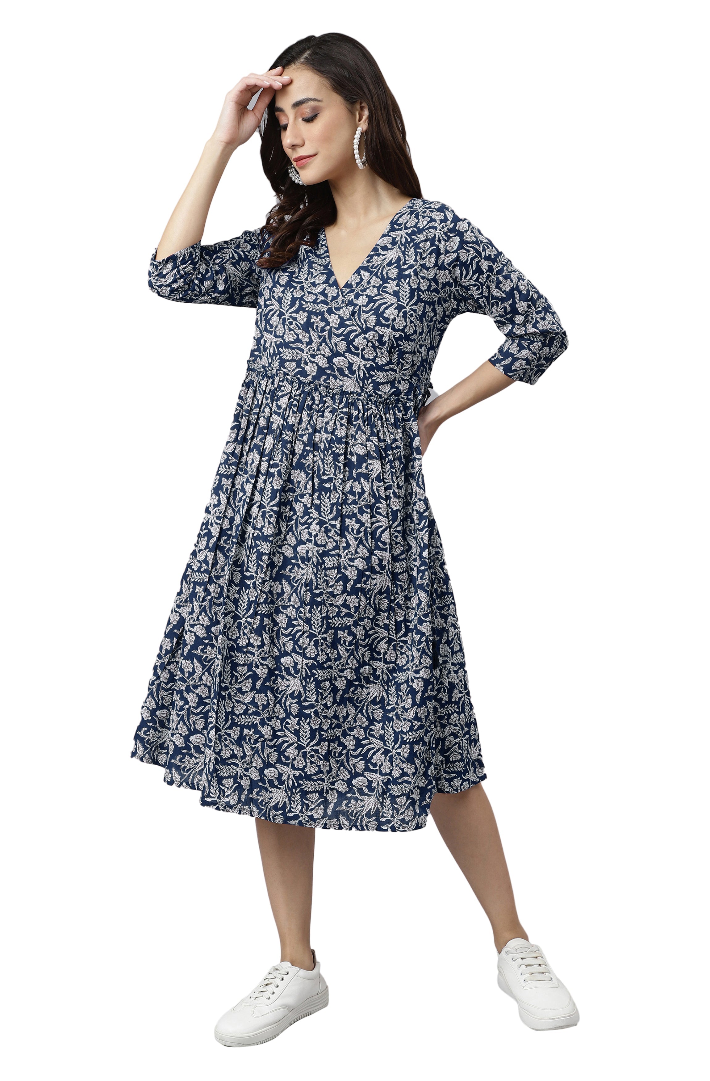 Janasya Dark Cotton Floral Angrakha Dress