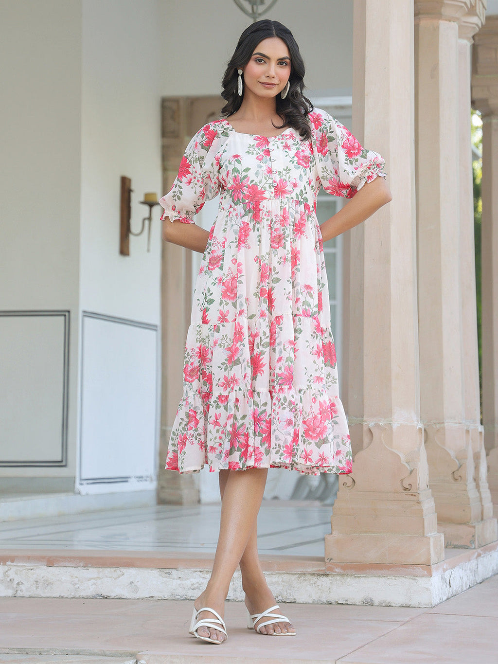 Janasya Bright Georgette Floral Tiered Dress