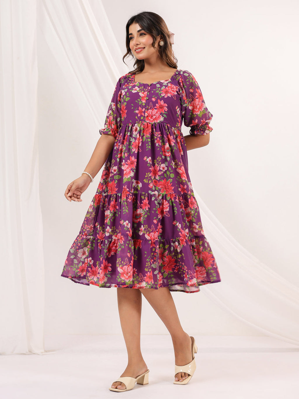 Janasya Bright Georgette Floral Tiered Dress