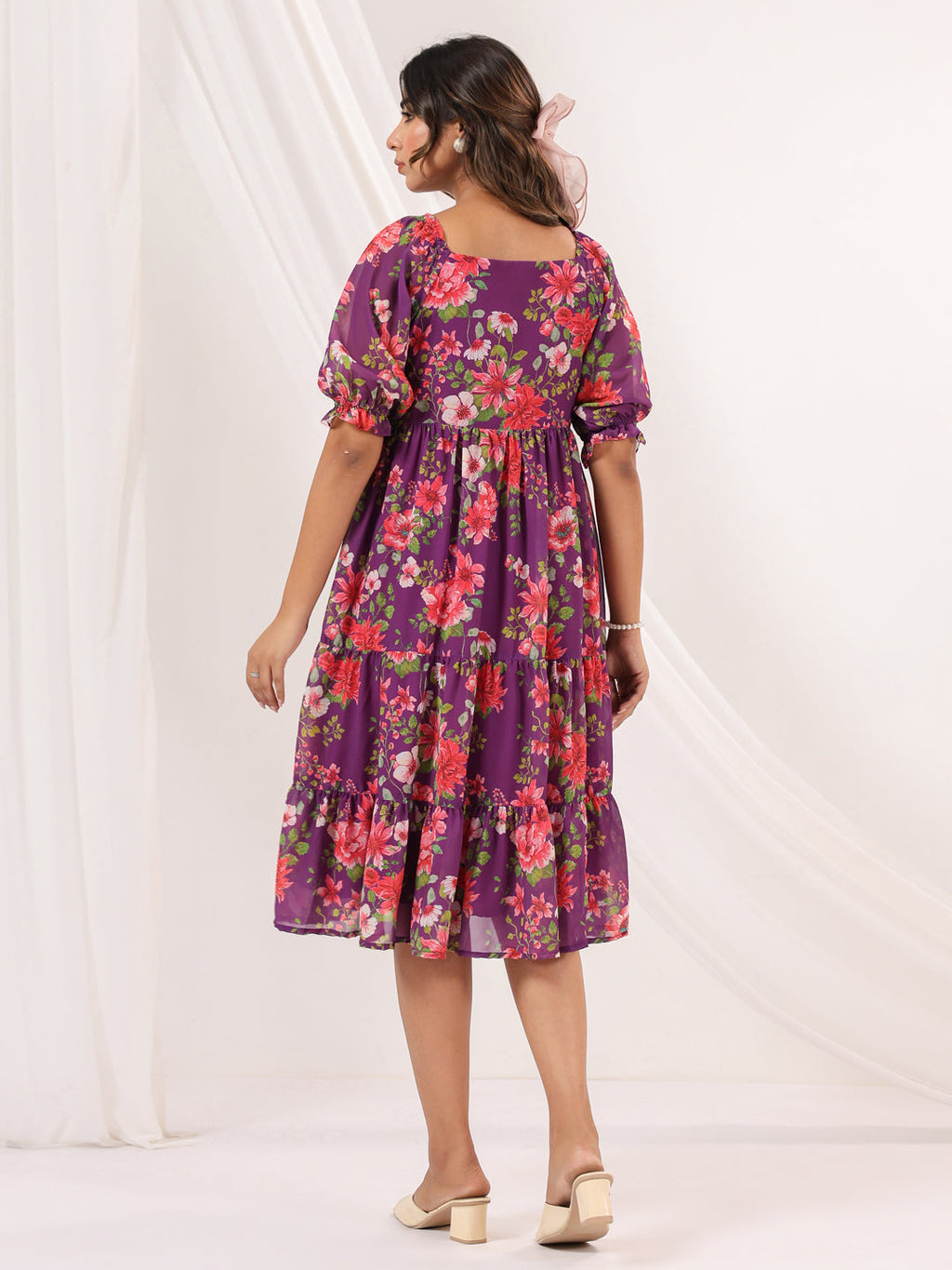 Janasya Bright Georgette Floral Tiered Dress