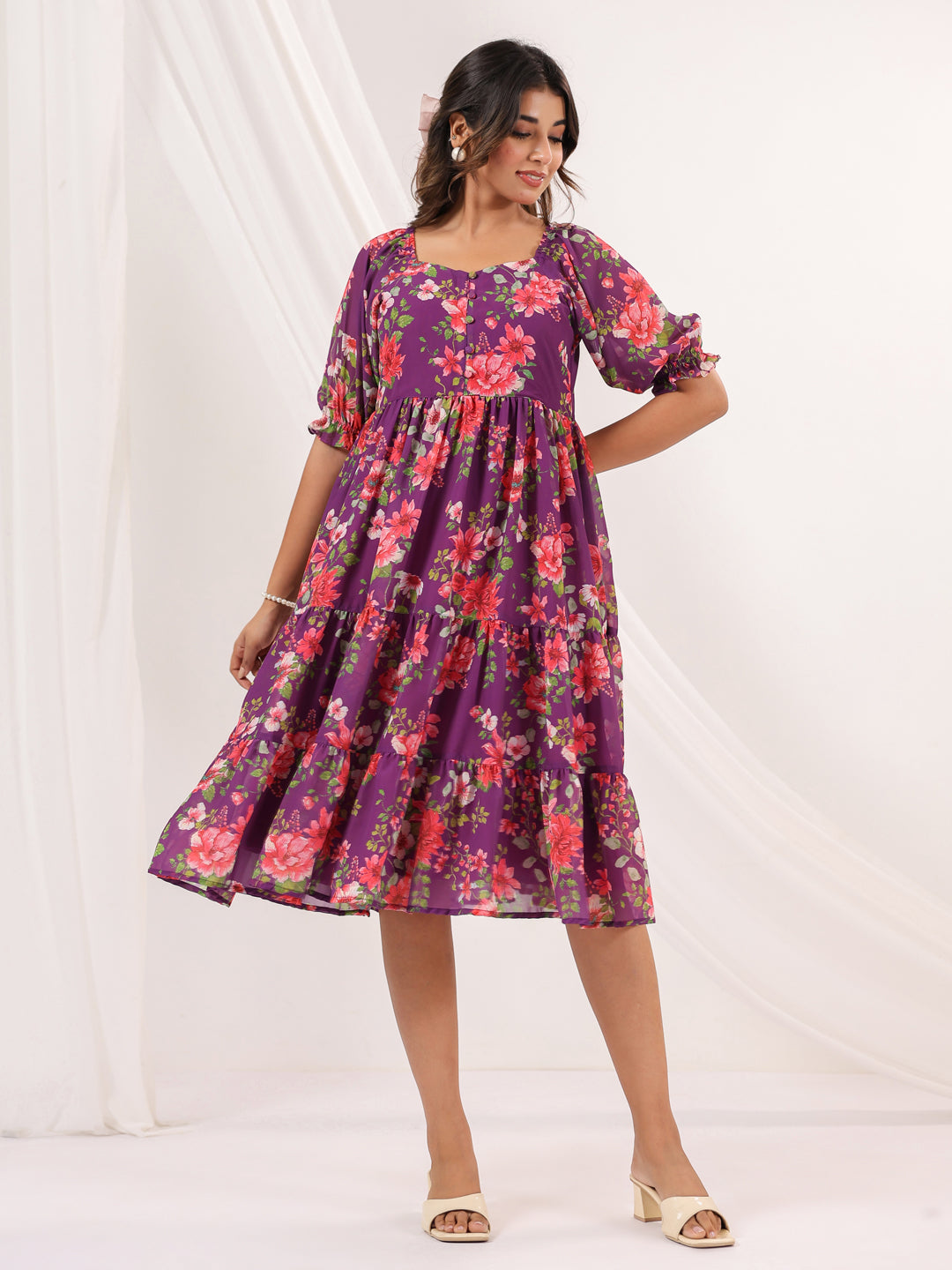 Janasya Bright Georgette Floral Tiered Dress