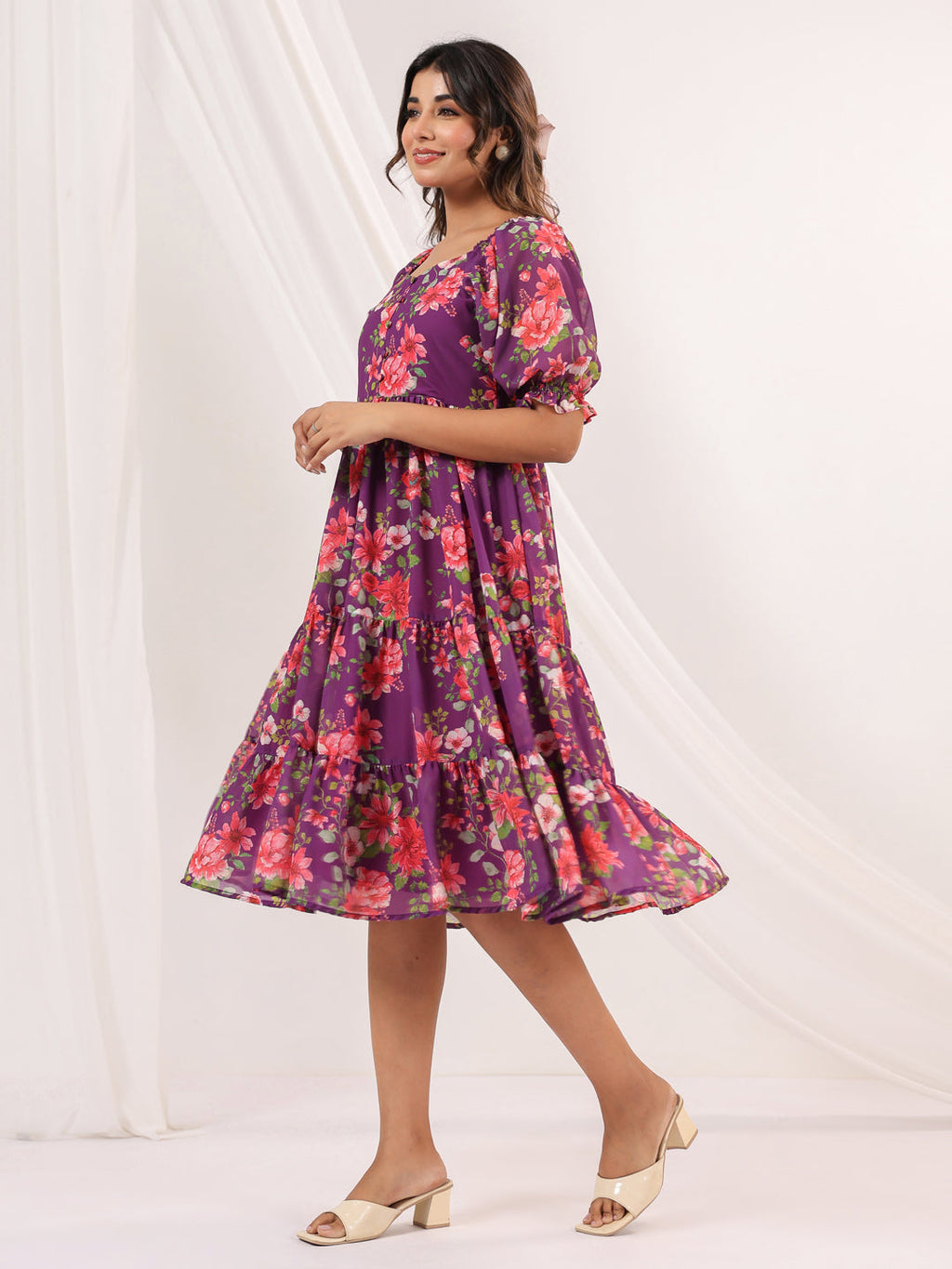 Janasya Bright Georgette Floral Tiered Dress