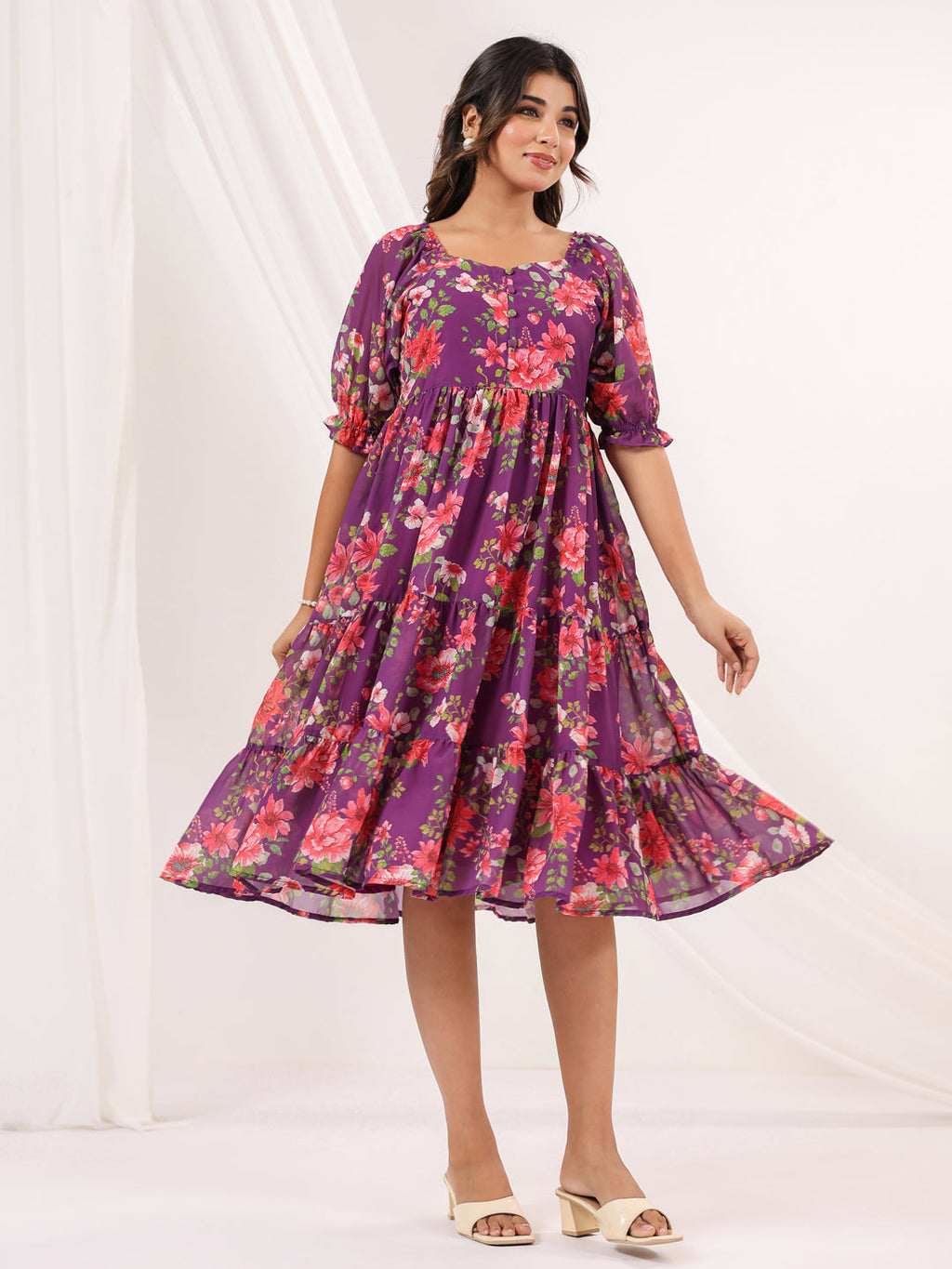 Janasya Bright Georgette Floral Tiered Dress