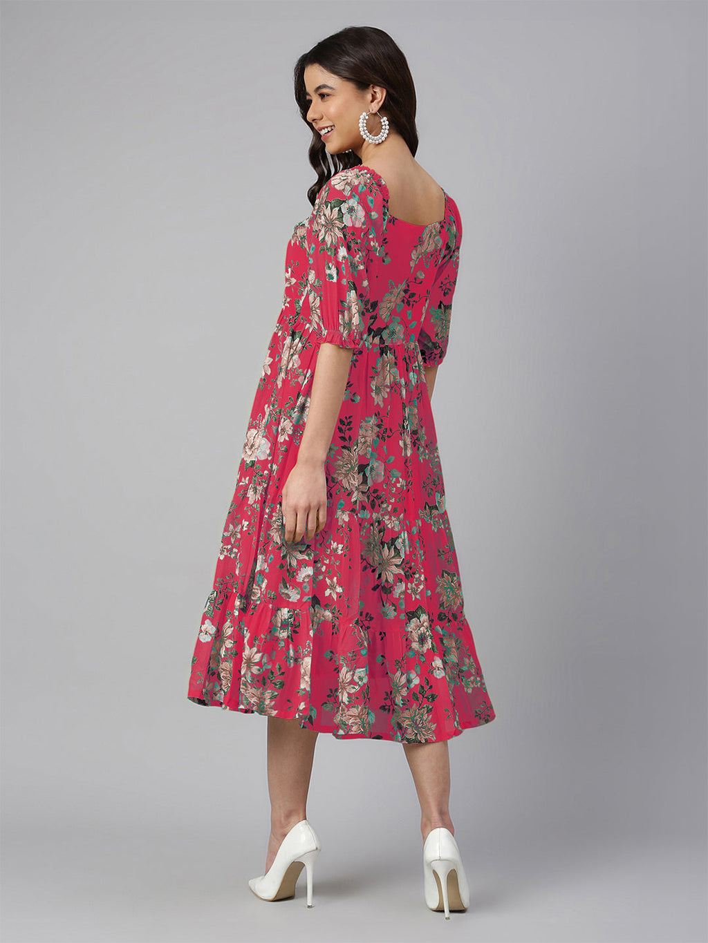 Janasya Bright Georgette Floral Tiered Dress