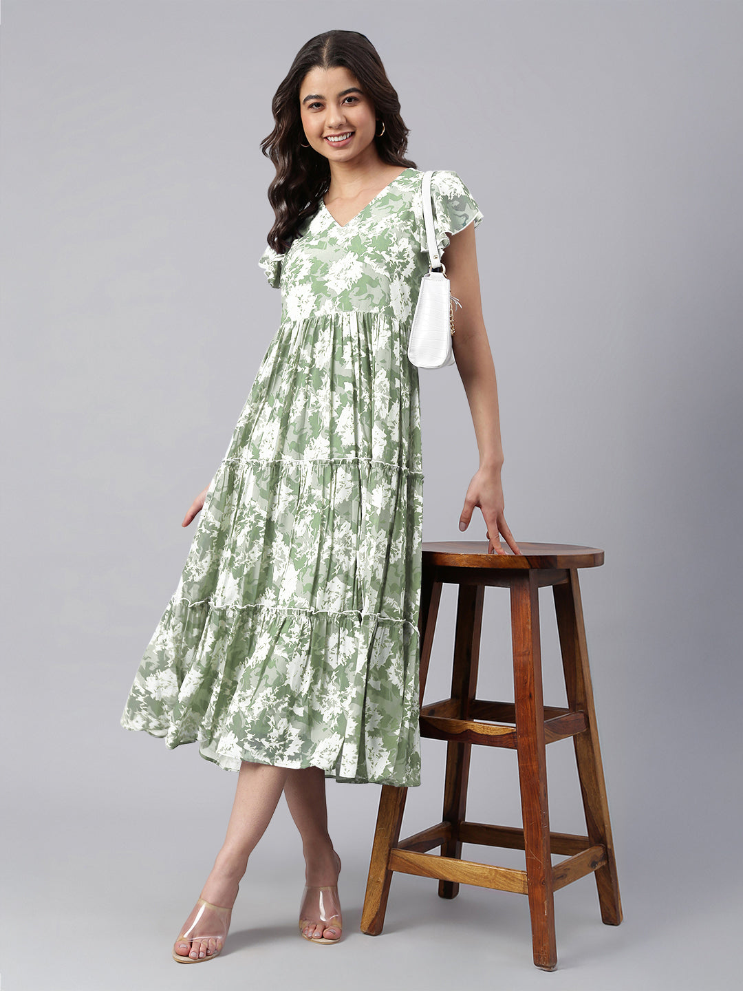 Janasya Dark Georgette Abstract Tiered Dress