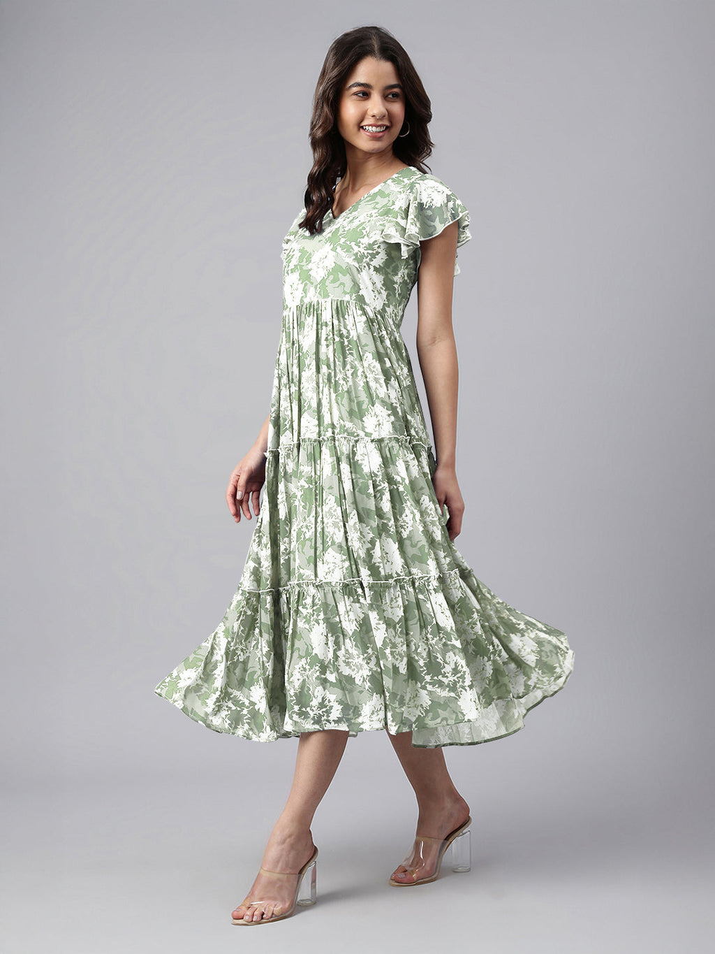 Janasya Dark Georgette Abstract Tiered Dress