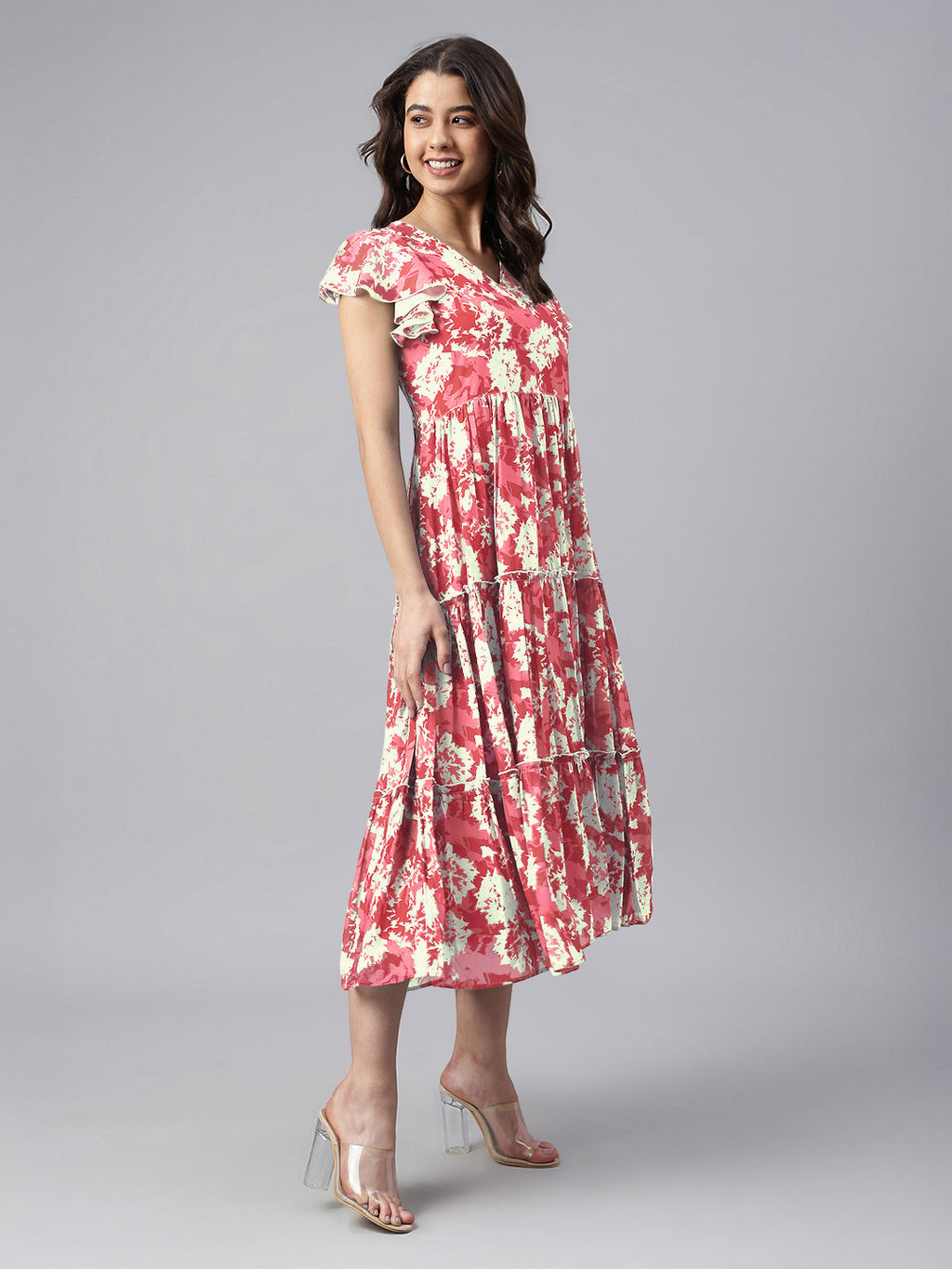 Janasya Dark Georgette Abstract Tiered Dress