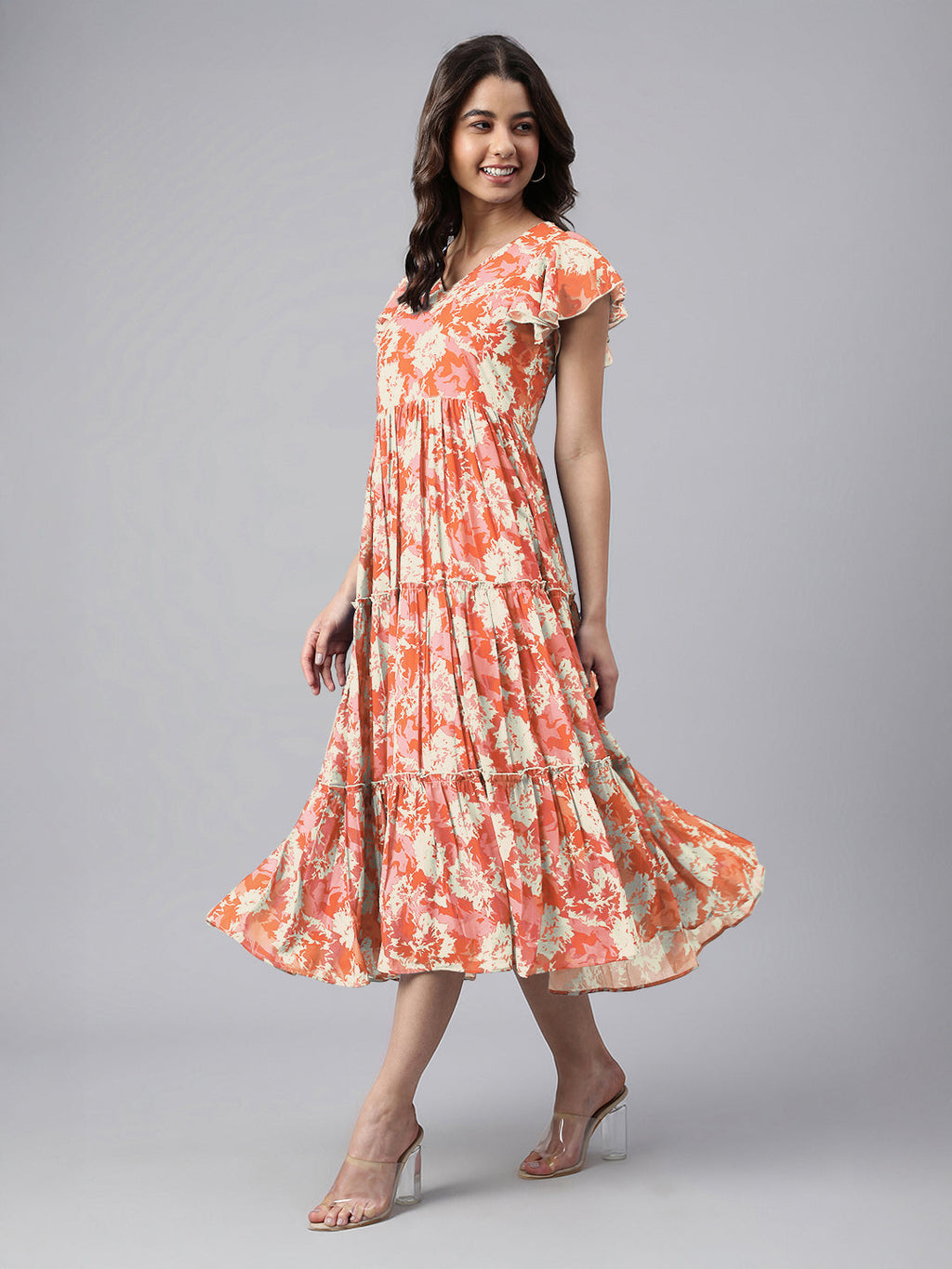 Janasya Dark Georgette Abstract Tiered Dress
