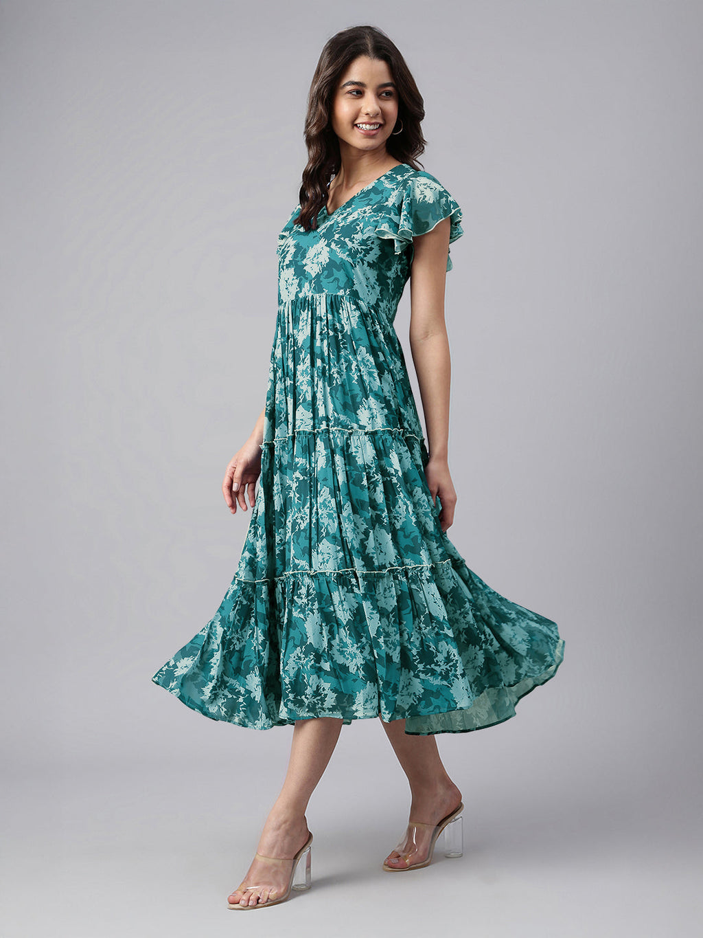 Janasya Dark Georgette Floral Tiered Dress