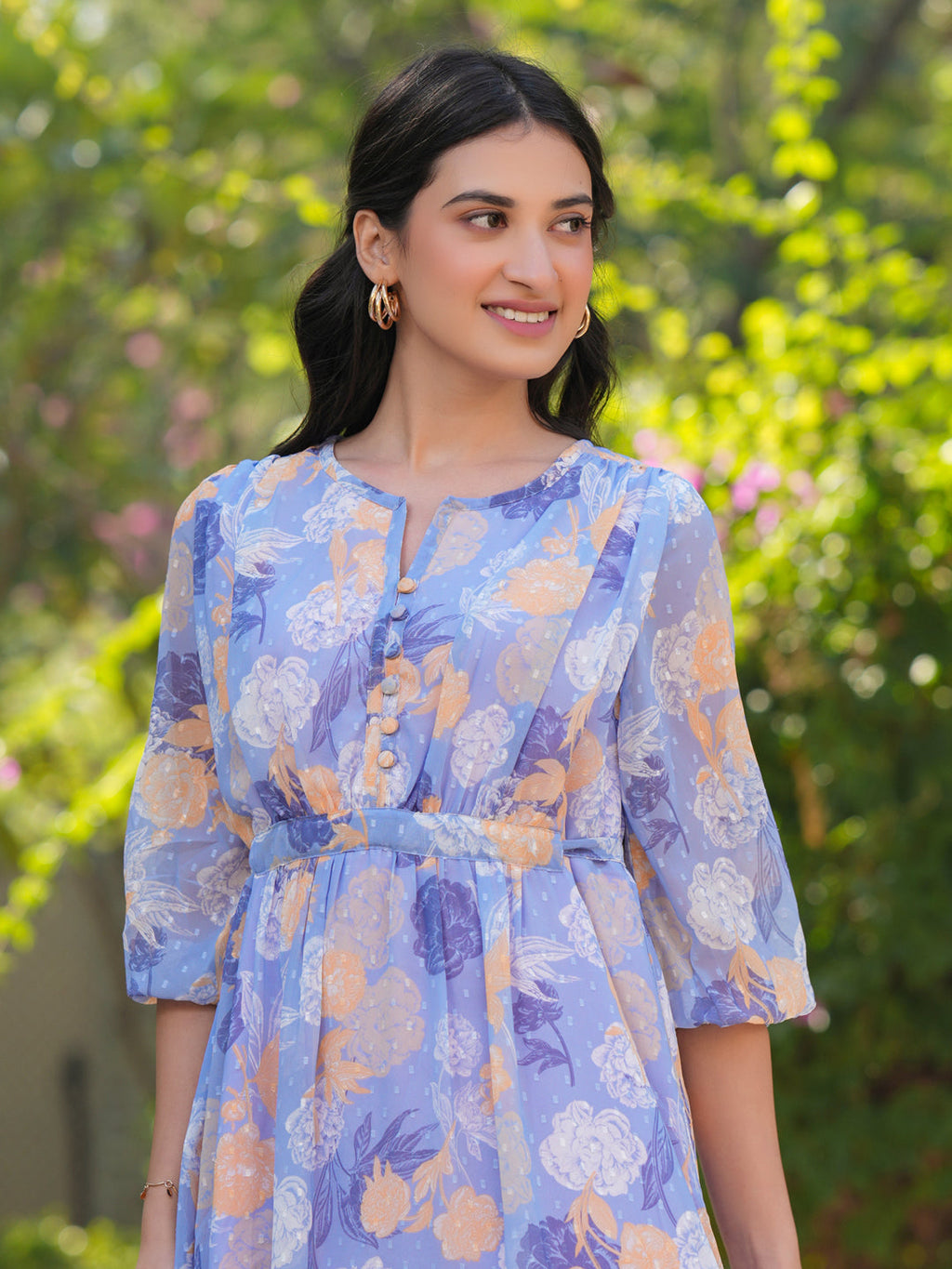 Janasya Dark Georgette Floral A-Line Dress