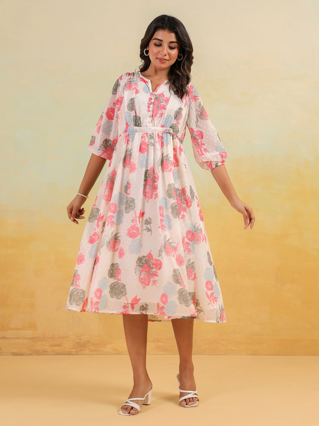 Janasya Light Georgette Floral Flared Dress