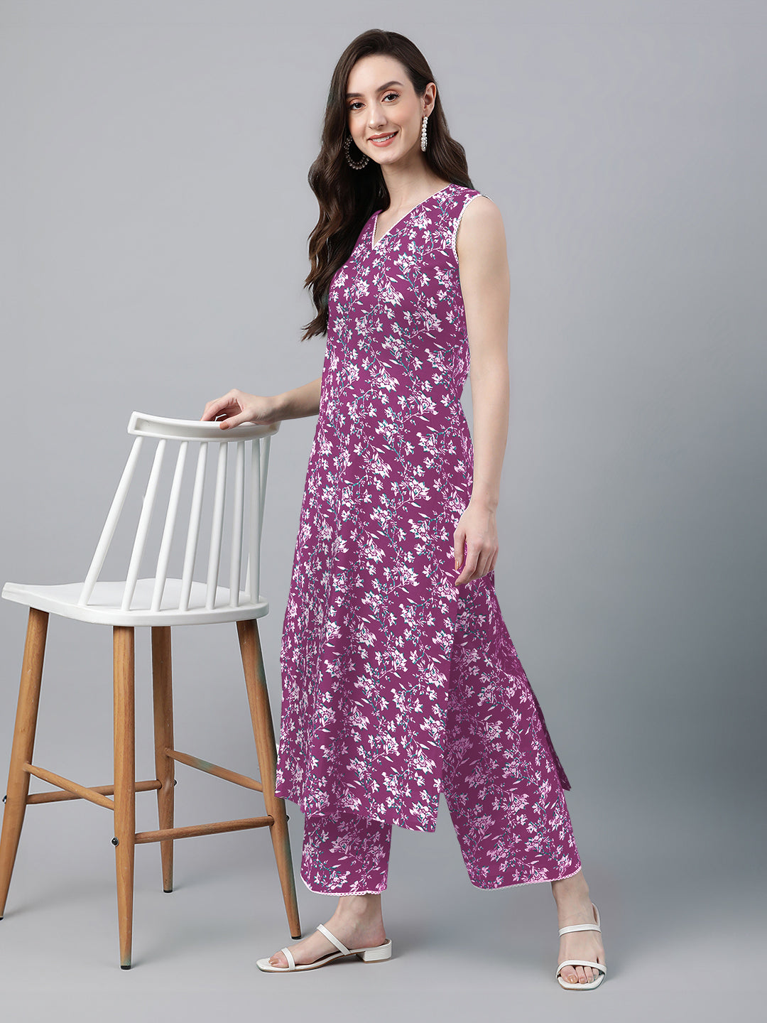 Janasya Bright Cotton Floral A-Line Kurta Set