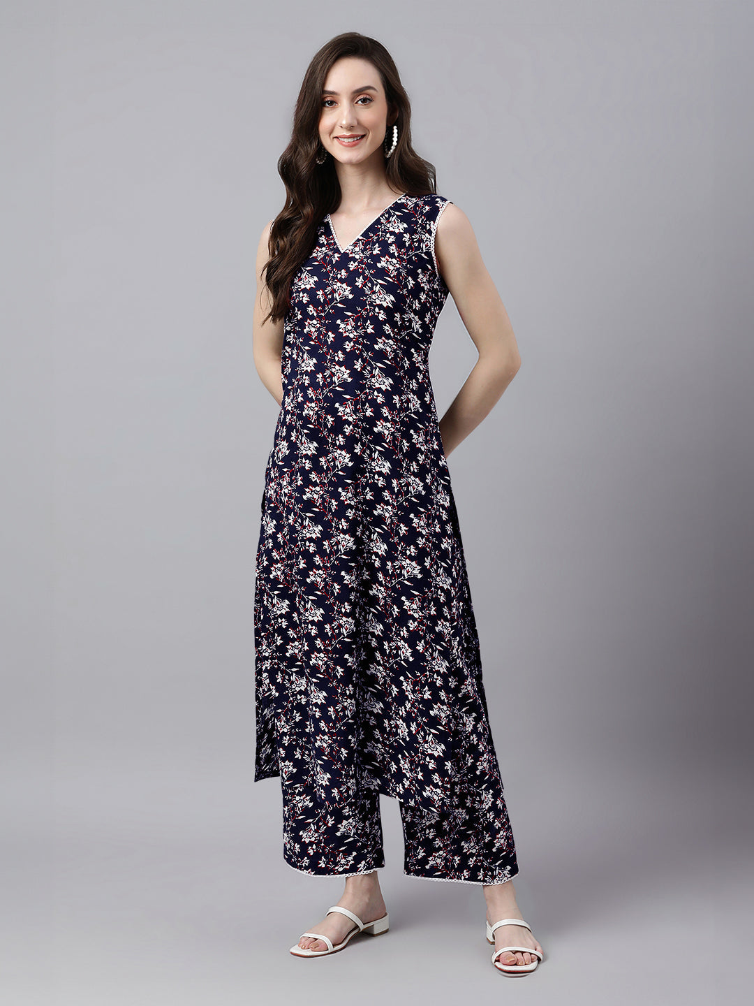 Janasya Dark Cotton Floral A-Line Kurta Set