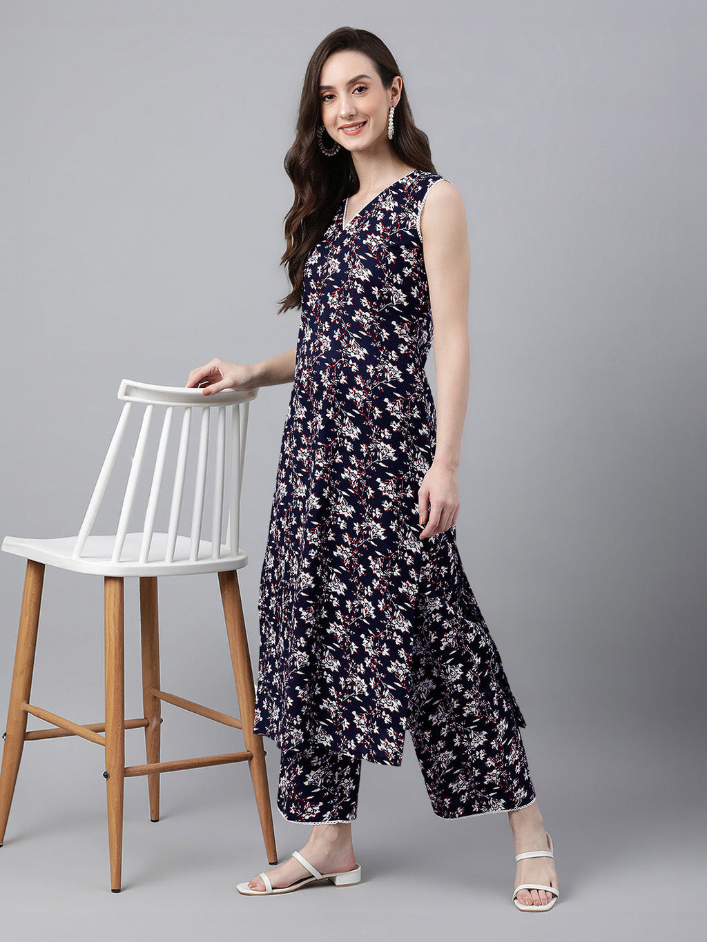 Janasya Dark Cotton Floral A-Line Kurta Set