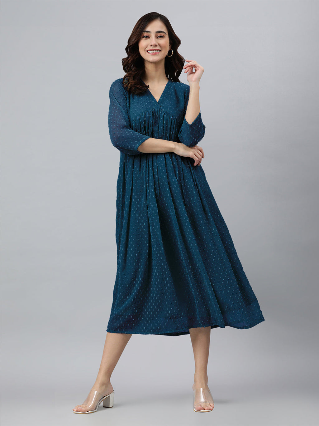 Janasya Bright Dobby Chiffon Self Design Flared Kurta