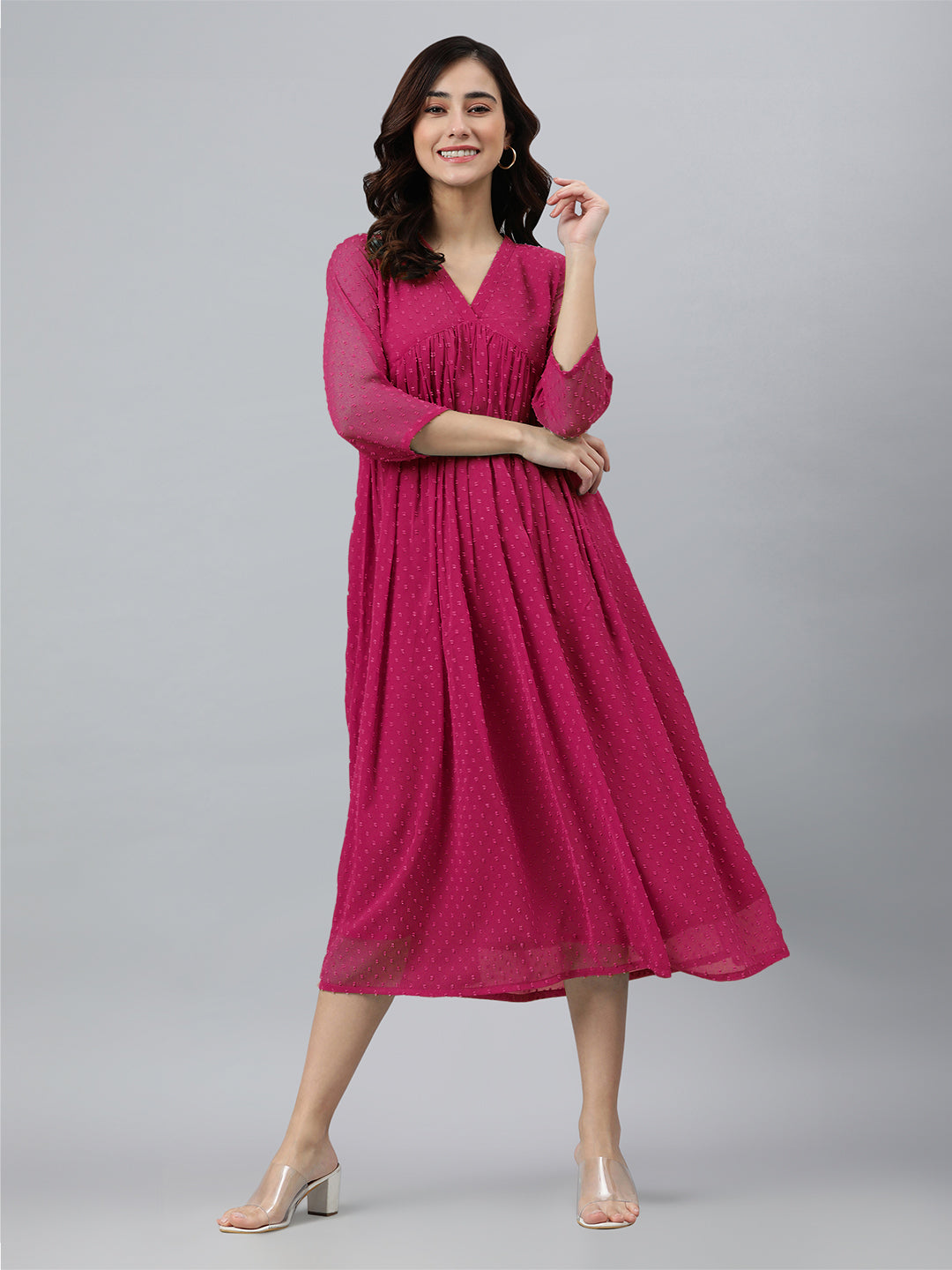 Janasya Bright Dobby Chiffon Self Design Flared Kurta