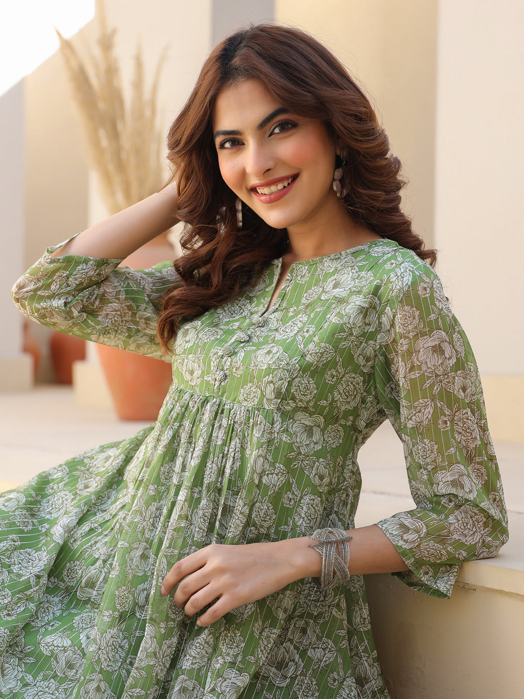 Janasya Dark Chiffon Floral A-Line Kurta