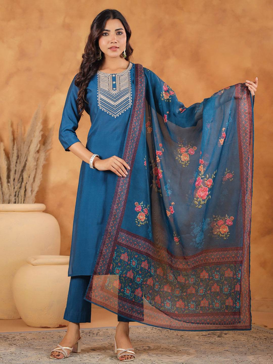 Janasya Dark Silk Blend Yoke Embroidery Straight Kurta Set
