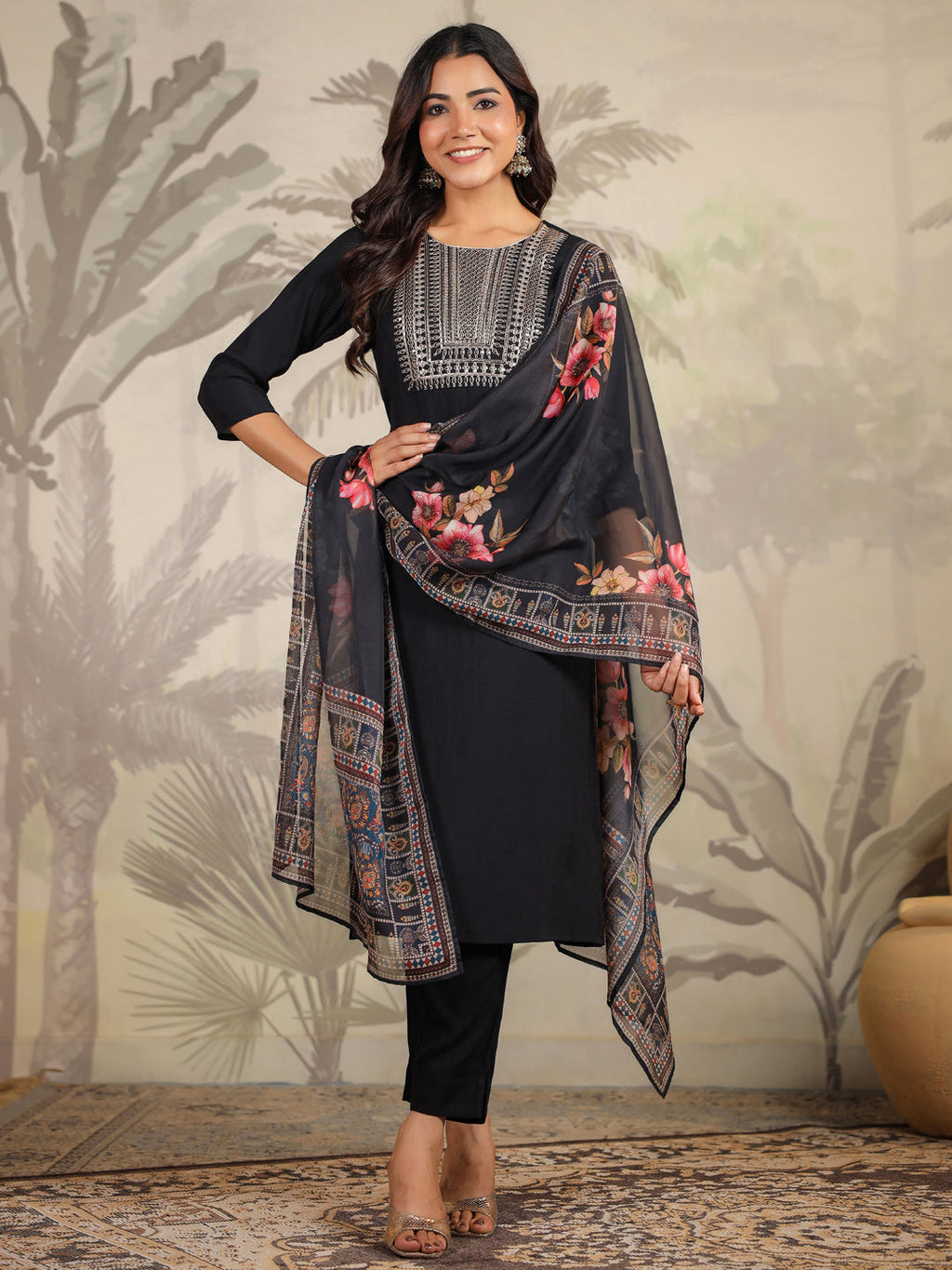 Janasya Dark Chanderi Yoke Embroidery Straight Kurta Set