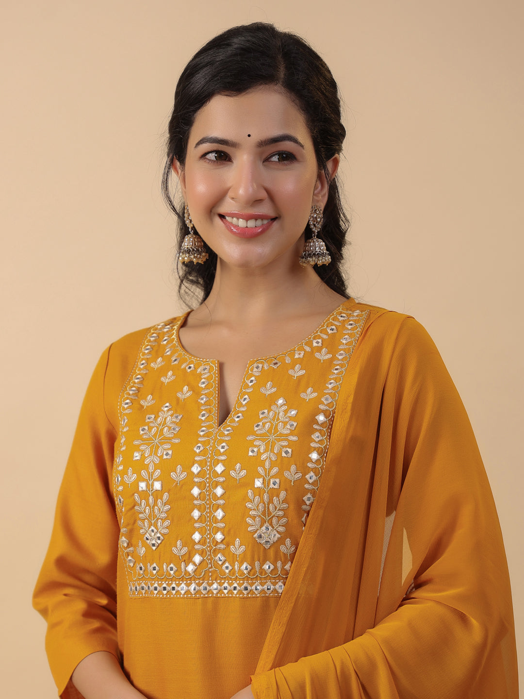 Janasya Bright Cotton Blend Yoke Embroidery Straight Kurta Set