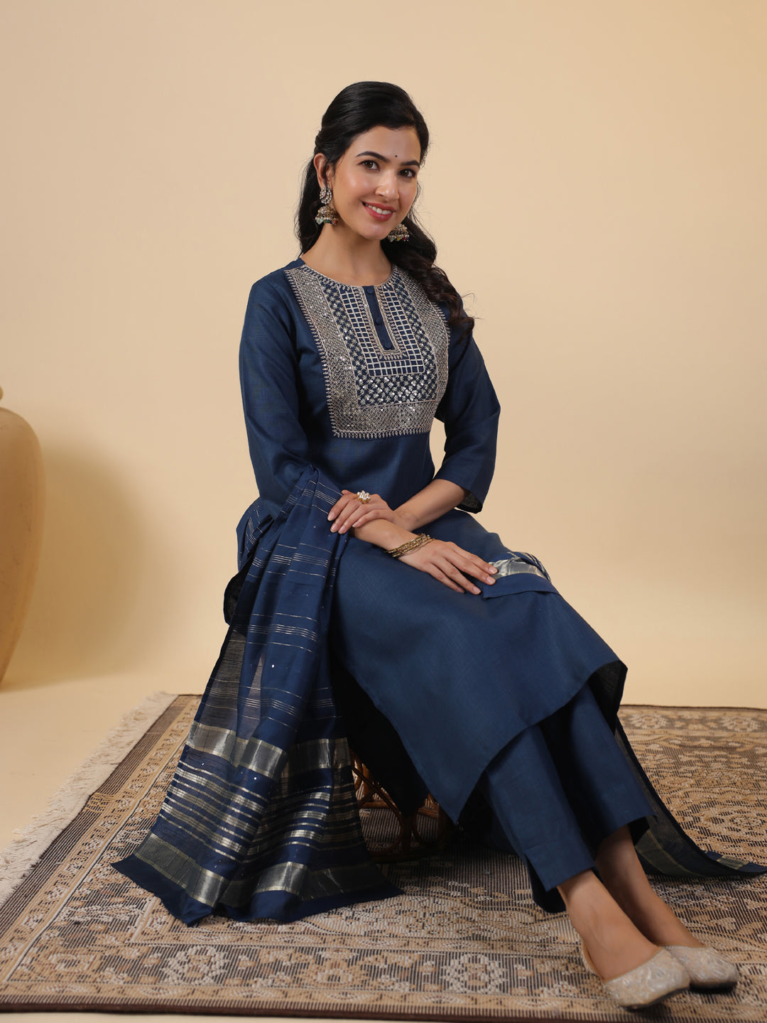 Janasya Bright Cotton Blend Embroidered Straight Kurta Set