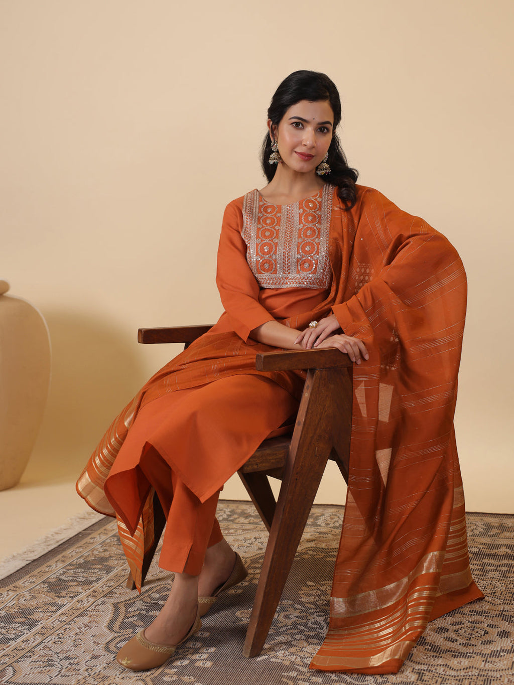 Janasya Dark Cotton Blend Yoke Embroidery Straight Kurta Set