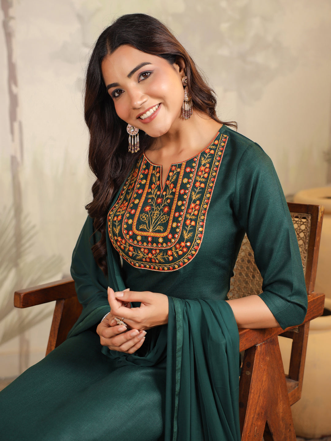 Janasya Dark Cotton Blend Yoke Embroidery Straight Kurta Set