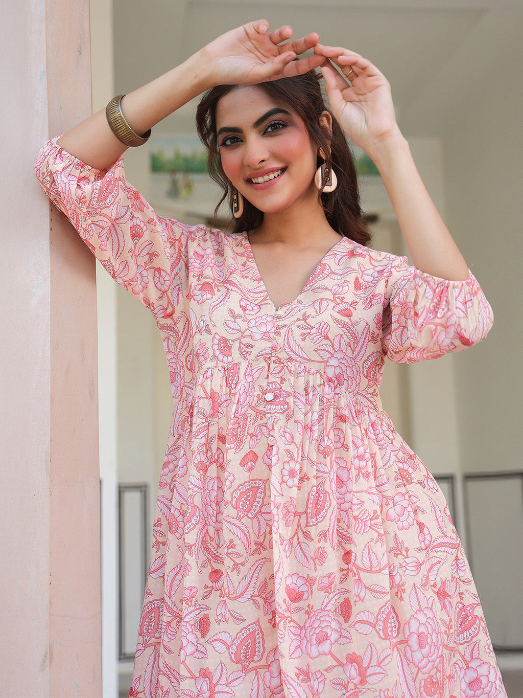 Janasya Light Georgette Floral Gathering Tunic