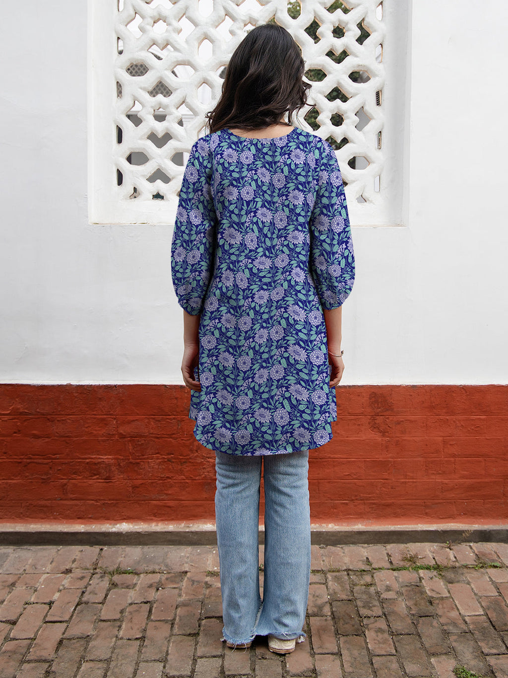 Janasya Dark Georgette Floral A-Line Tunic