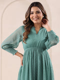 Janasya Dark Dobby Chiffon Self Design Fit & Flare Dress