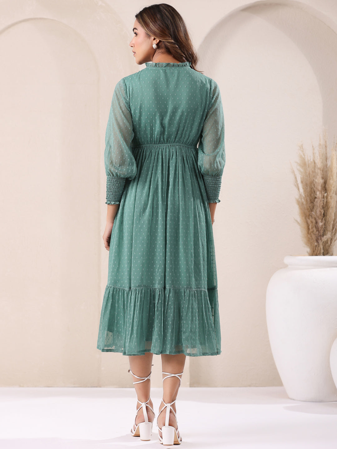 Janasya Dark Dobby Chiffon Self Design Fit & Flare Dress