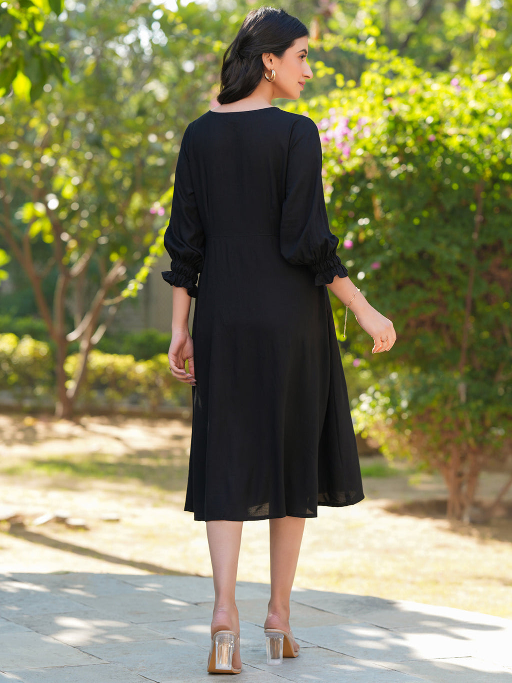 Janasya Dark Rayon Solid A-Line Dress