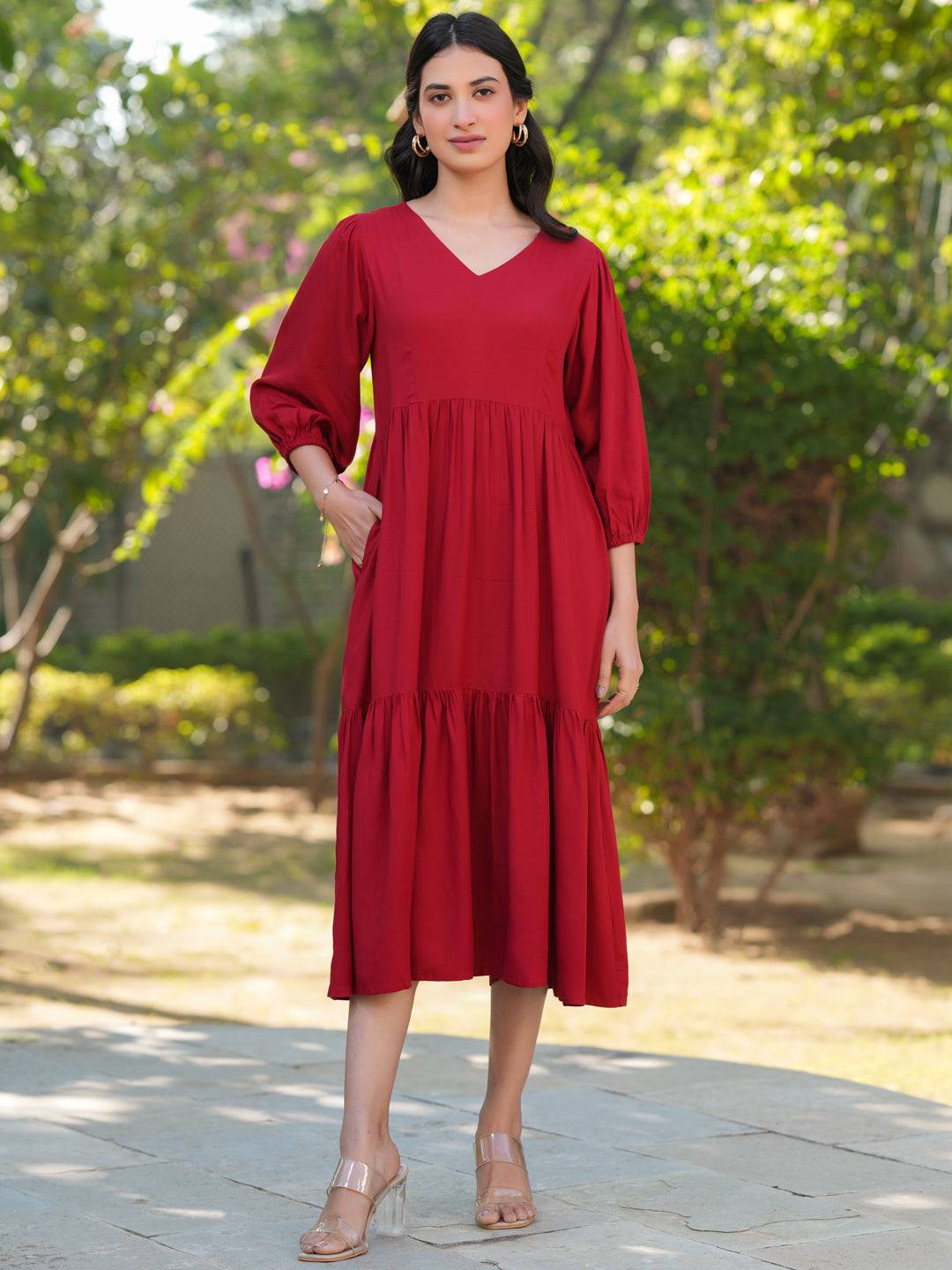 Janasya Bright Rayon Solid Tiered Dress